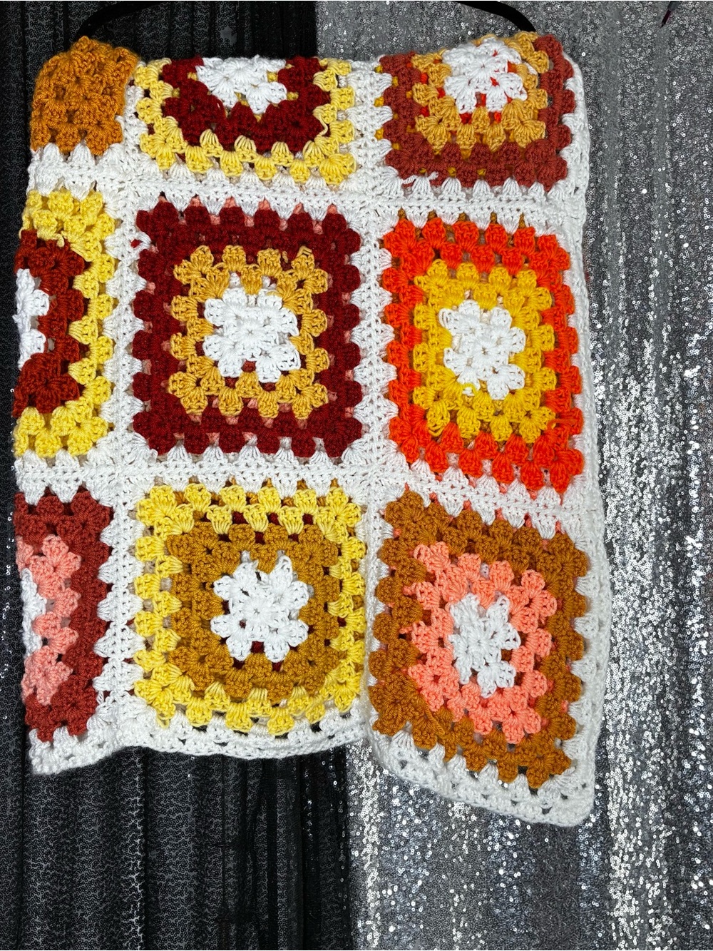 Retro 70s Large Granny Square Crochet Afghan Blanket Fall Autumn Harvest Decor